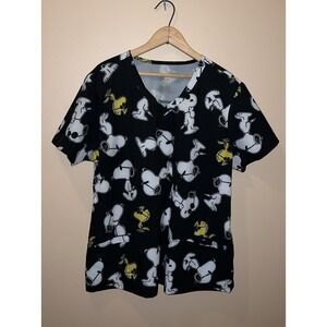 Scrub Top Peanuts Women's Large Snoopy Woodstock Cool Pockets Joe